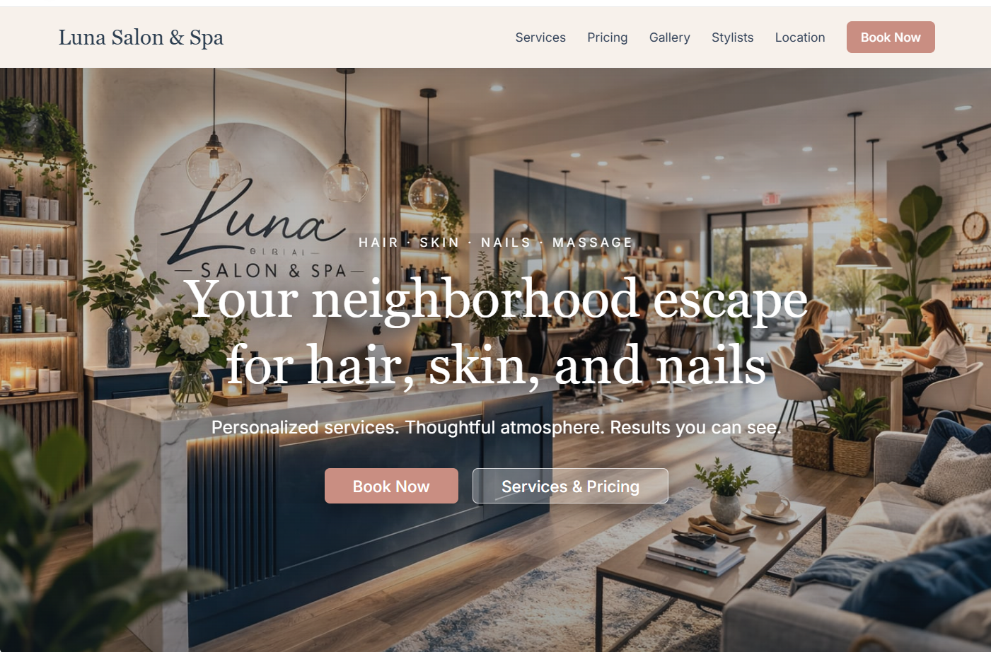 Luna Salon & Spa website hero section showcasing luxury salon interior with services and booking interface