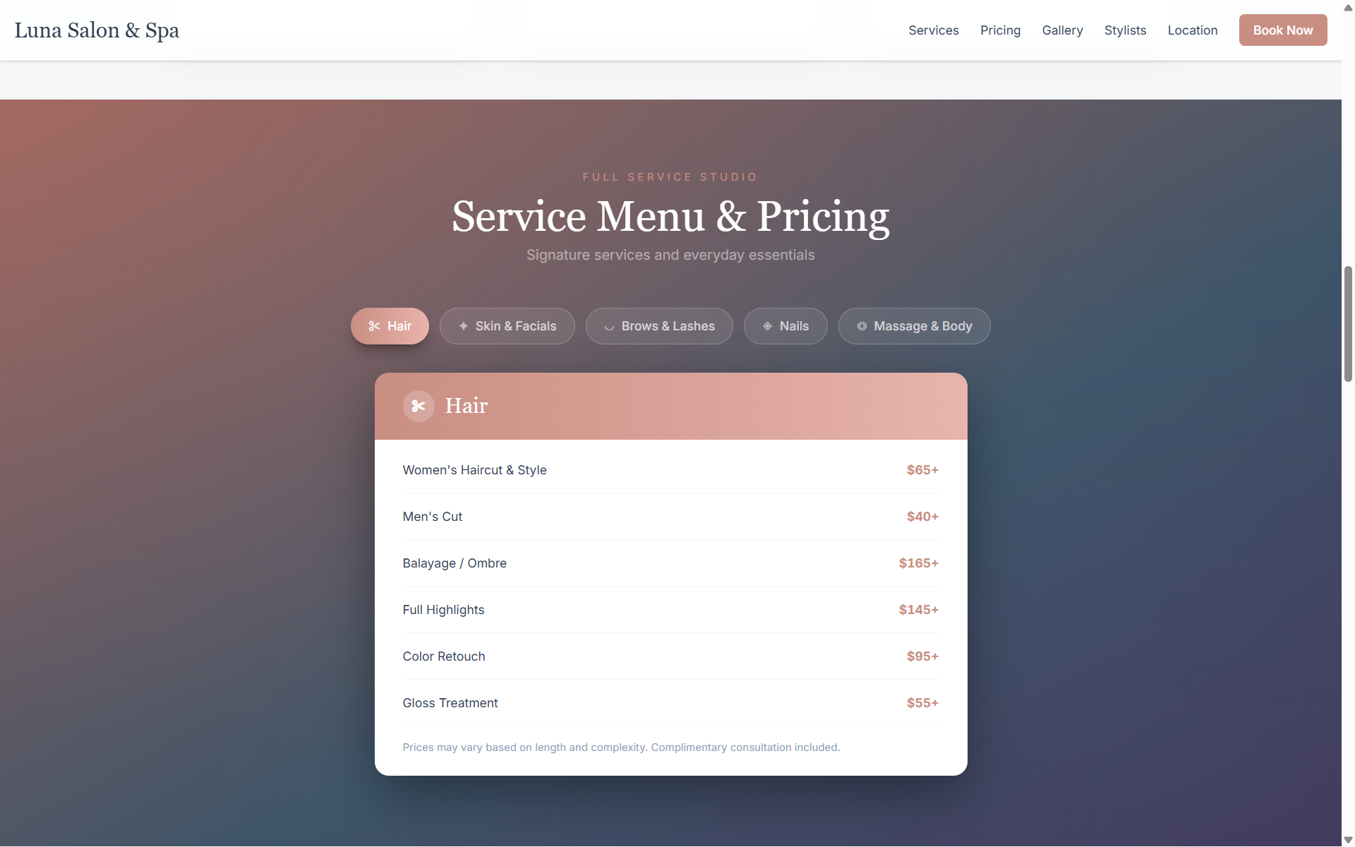 Pricing and menu demo